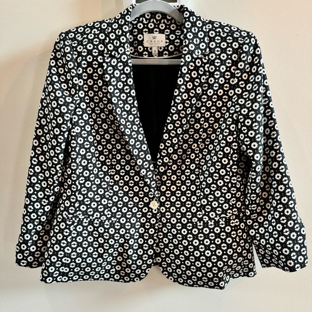 Chaus New York Elegant Women Black White Floral Jacket Blazer Business Casual 12